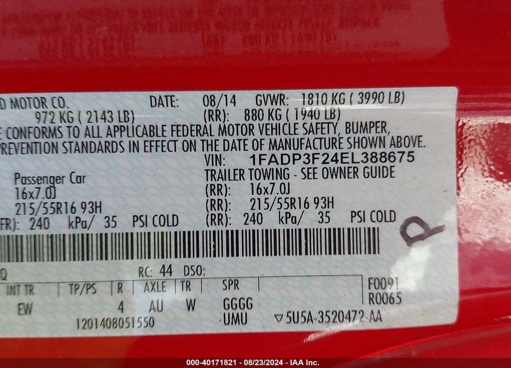 2014 FORD FOCUS SE VIN: 1FADP3F24EL388675