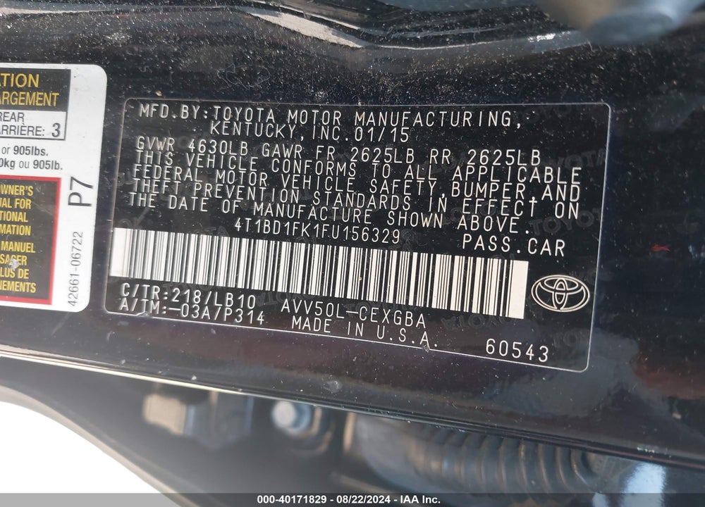 2015 TOYOTA CAMRY HYBRID XLE VIN: 4T1BD1FK1FU156329