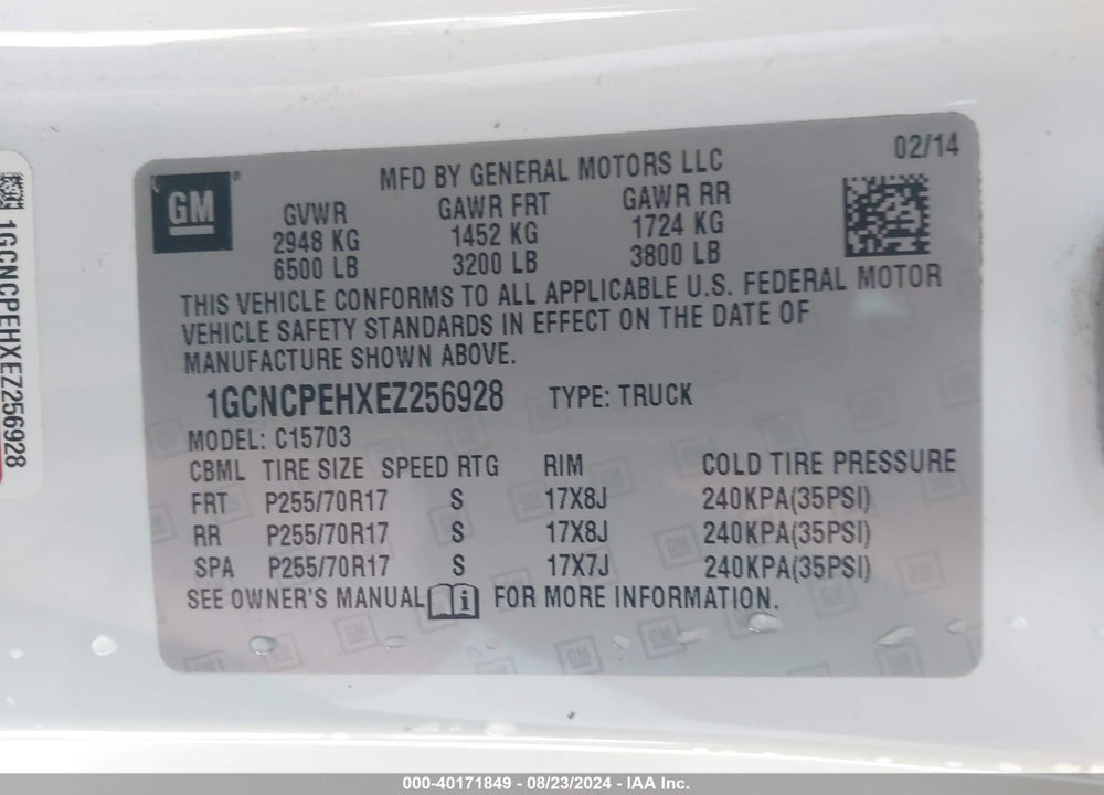 2014 CHEVROLET SILVERADO 1500 WORK TRUCK 1WT VIN: 1GCNCPEHXEZ256928