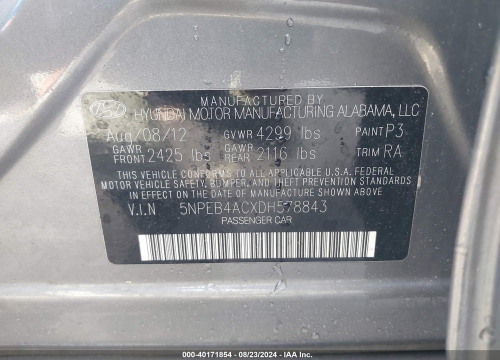 2013 HYUNDAI SONATA GLS VIN: 5NPEB4ACXDH578843