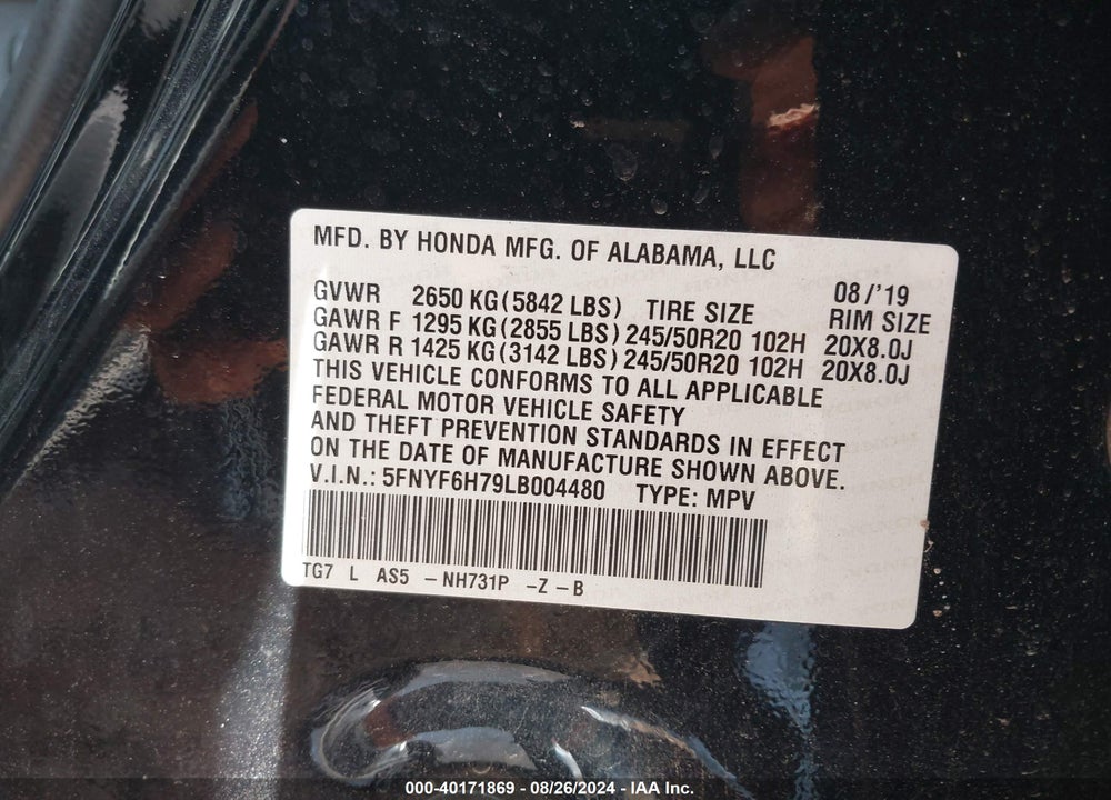 2020 HONDA PILOT AWD BLACK EDITION VIN: 5FNYF6H79LB004480