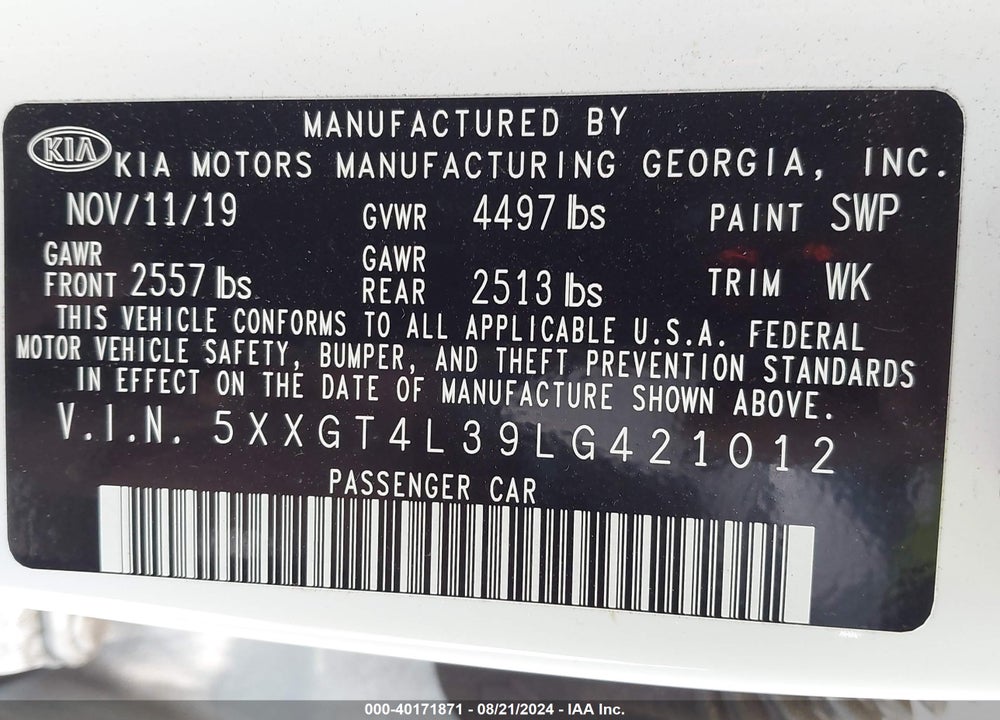 2020 KIA OPTIMA LX VIN: 5XXGT4L39LG421012