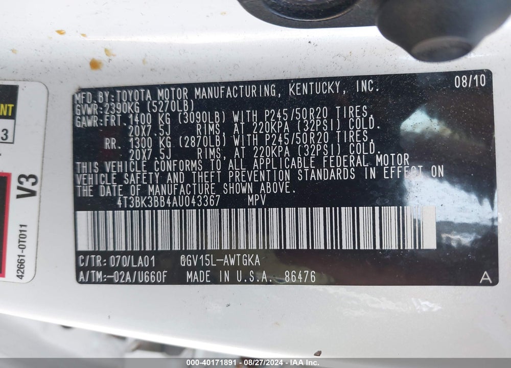 2010 TOYOTA VENZA BASE V6 VIN: 4T3BK3BB4AU043367