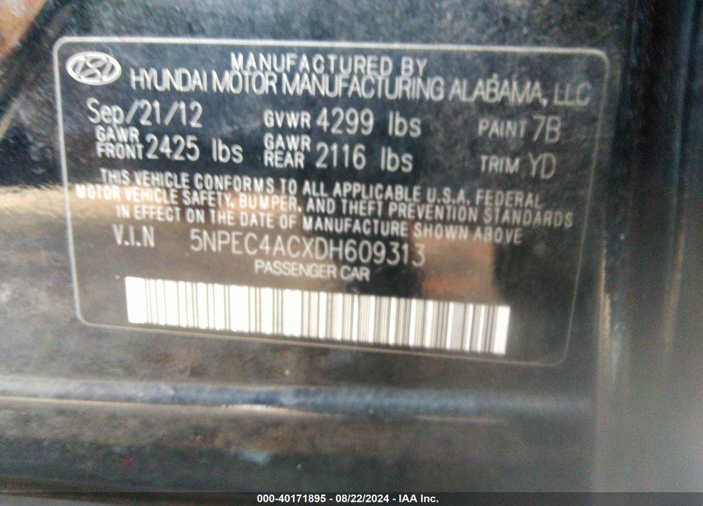 2013 HYUNDAI SONATA LIMITED VIN: 5NPEC4ACXDH609313