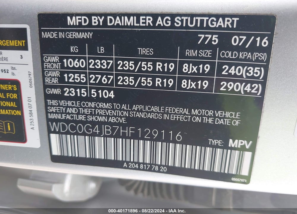 2017 MERCEDES-BENZ GLC 300 VIN: WDC0G4JB7HF129116