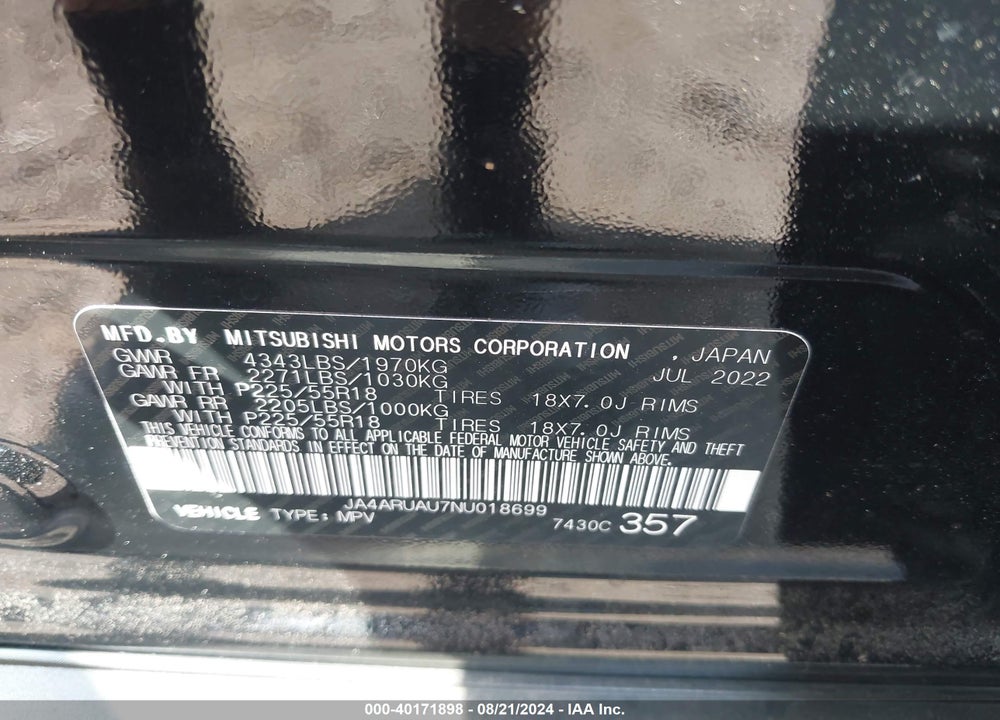 2022 MITSUBISHI OUTLANDER SPORT 2.0 BE AWC/2.0 ES AWC/2.0 LE AWC/2.0 SE AWC/2.0 SE SPECIAL EDITION AWC VIN: JA4ARUAU7NU018699
