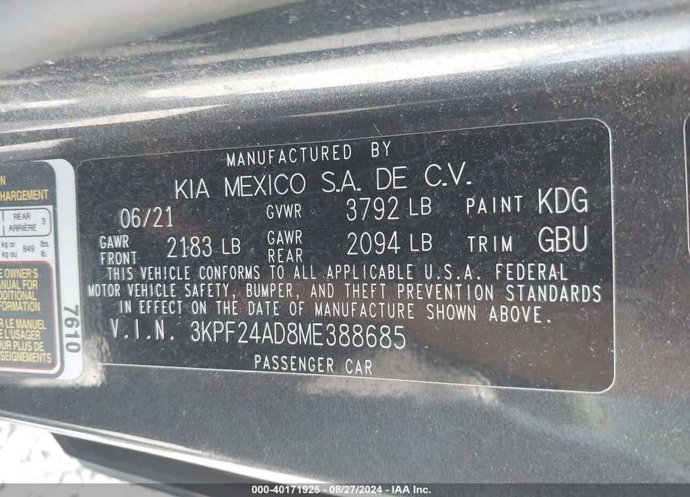 2021 KIA FORTE LXS VIN: 3KPF24AD8ME388685