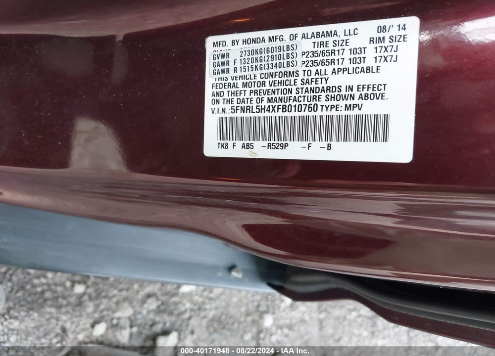 2015 HONDA ODYSSEY VIN: 5FNRL5H4XFB010760