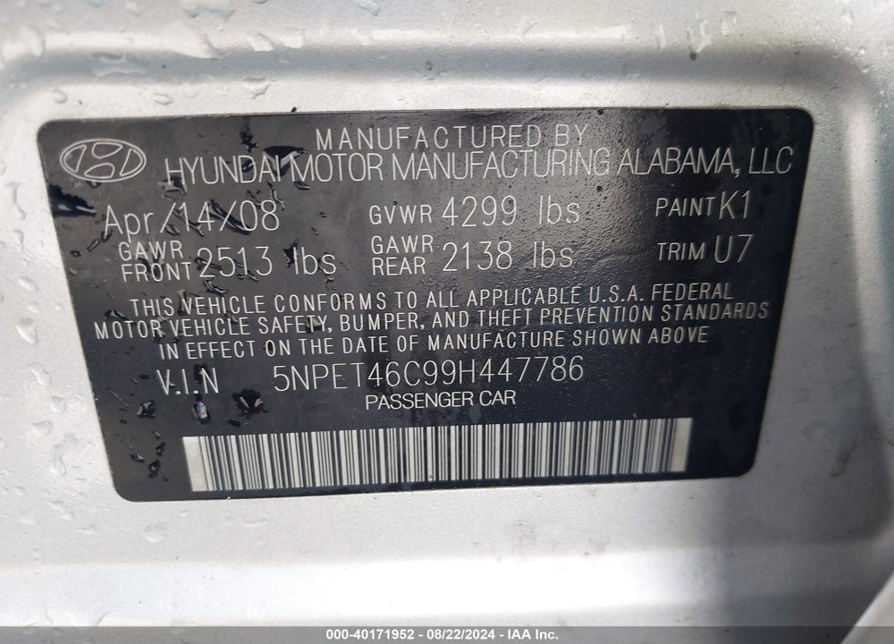 2009 HYUNDAI SONATA VIN: 5NPET46C99H447786