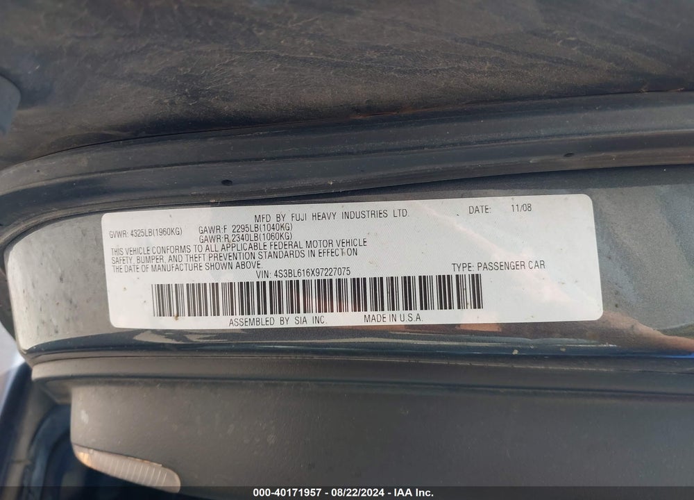 2009 SUBARU LEGACY 2.5I VIN: 4S3BL616X97227075