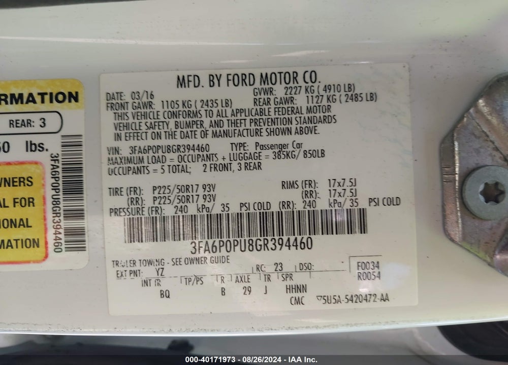 2016 FORD FUSION ENERGI SE LUXURY VIN: 3FA6P0PU8GR394460