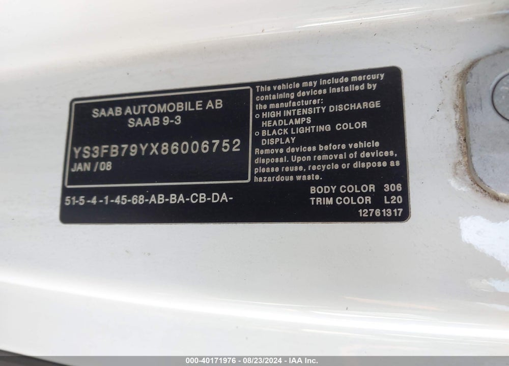 2008 SAAB 9-3 2.0T VIN: YS3FB79YX86006752