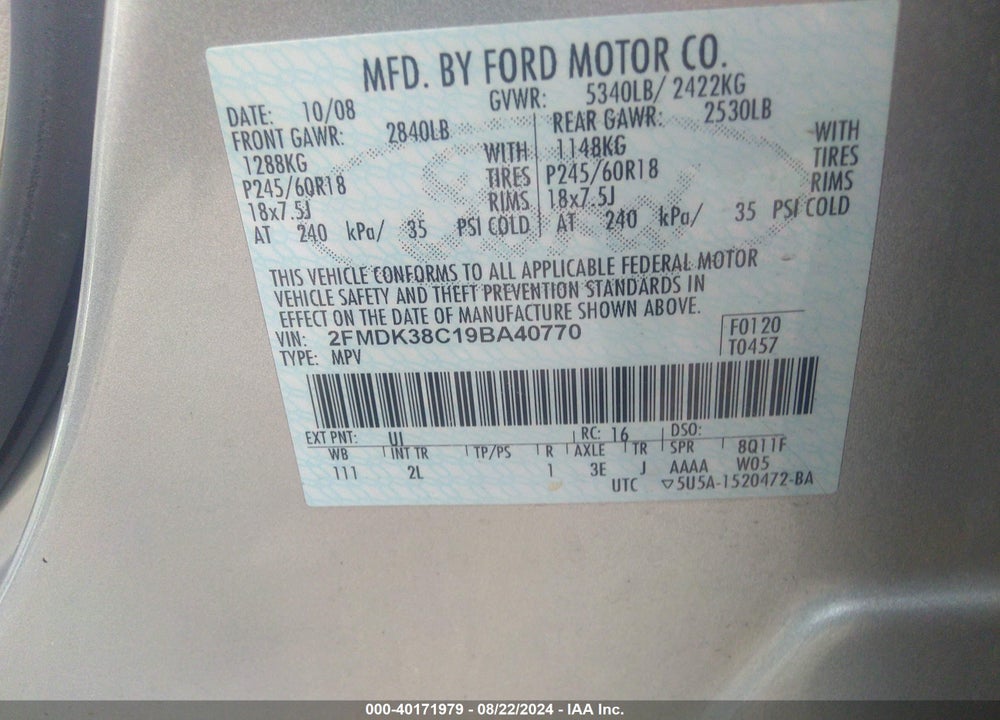 2009 FORD EDGE SEL VIN: 2FMDK38C19BA40770