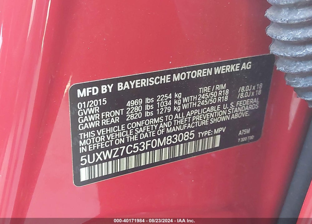 2015 BMW X3 SDRIVE28I VIN: 5UXWZ7C53F0M83085