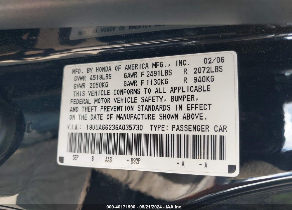 2006 ACURA TL VIN: 19UUA66236A035730