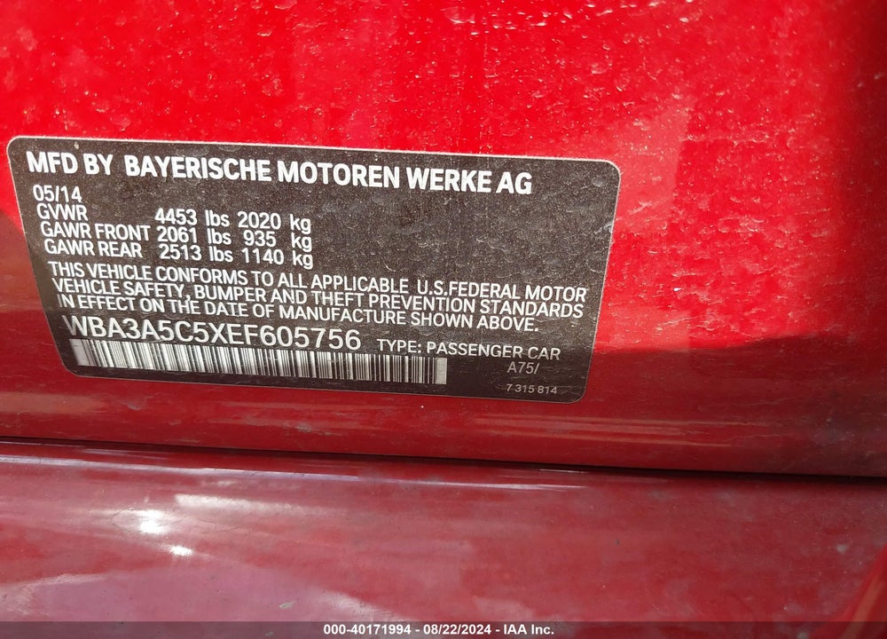 2014 BMW 328I VIN: WBA3A5C5XEF605756