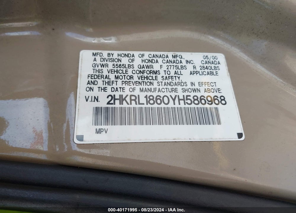 2000 HONDA ODYSSEY EX VIN: 2HKRL1860YH586968