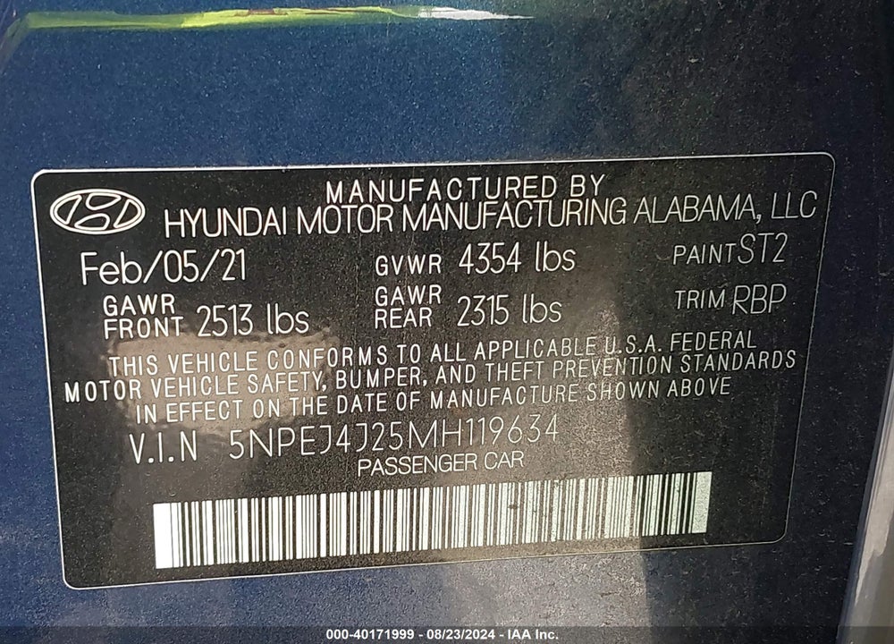 2021 HYUNDAI SONATA SEL PLUS VIN: 5NPEJ4J25MH119634