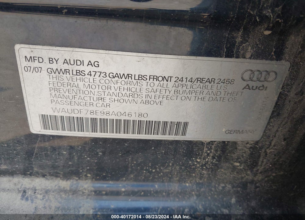 2008 AUDI A4 2.0T VIN: WAUDF78E98A046180