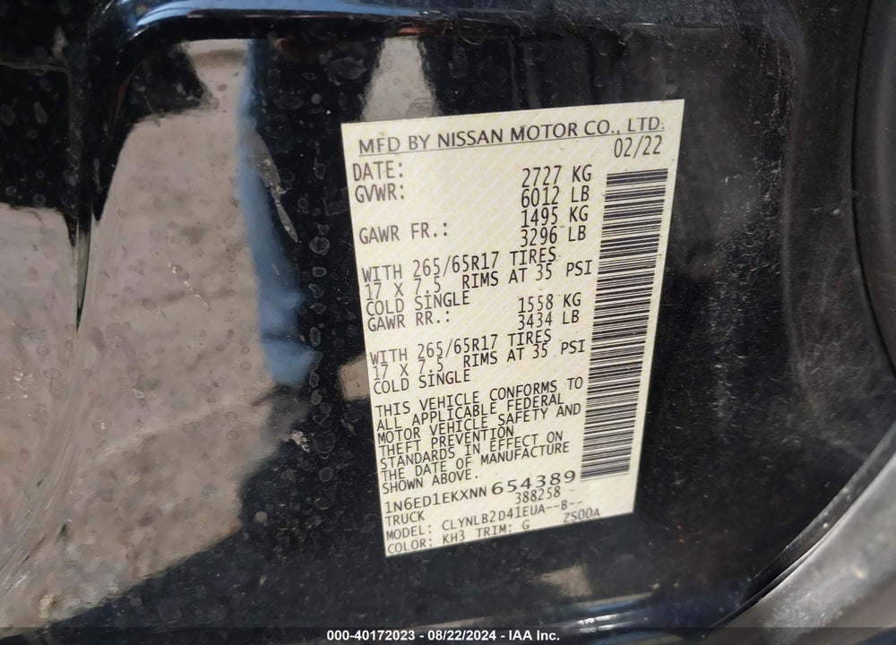 2022 NISSAN FRONTIER SV 4X4 VIN: 1N6ED1EKXNN654389