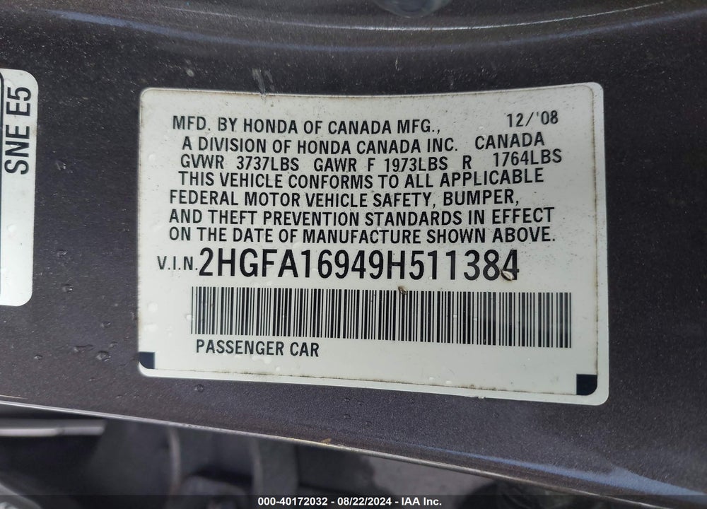 2009 HONDA CIVIC VIN: 2HGFA16949H511384