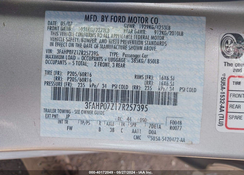 2007 FORD FUSION VIN: 3FAHP07Z17R257395