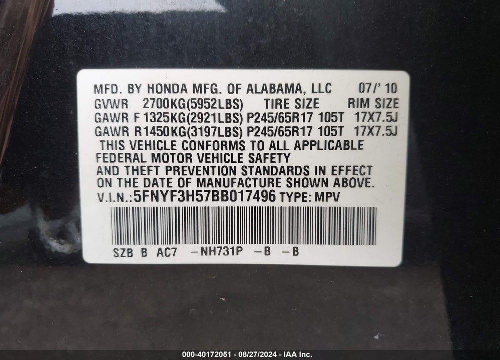 2011 HONDA PILOT EX-L VIN: 5FNYF3H57BB017496