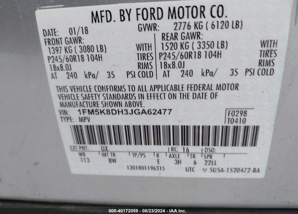 2018 FORD EXPLORER XLT VIN: 1FM5K8DH3JGA62477