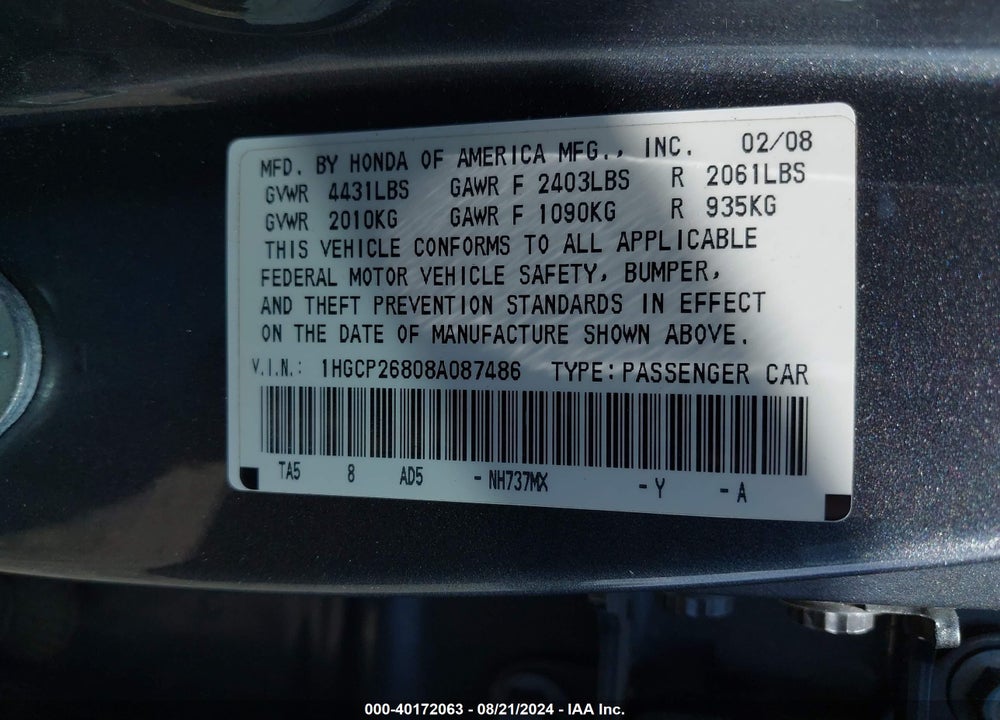 2008 HONDA ACCORD VIN: 1HGCP26808A087486