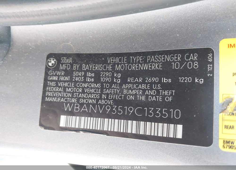 2009 BMW 535I VIN: WBANV93519C133510