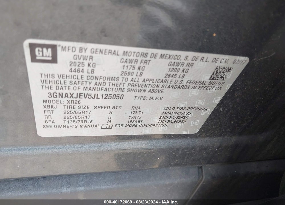 2018 CHEVROLET EQUINOX LT VIN: 3GNAXJEV5JL125050