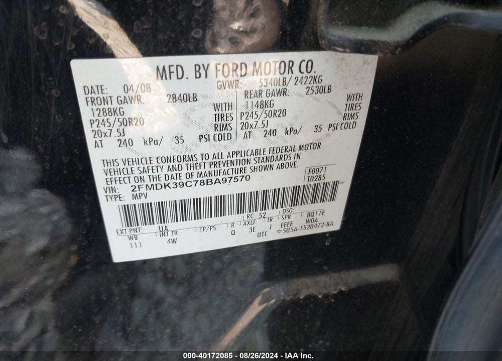 2008 FORD EDGE LIMITED VIN: 2FMDK39C78BA97570