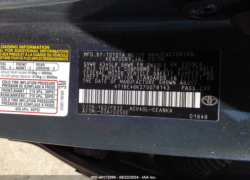 2007 TOYOTA CAMRY LE VIN: 4T1BE46K27U078143