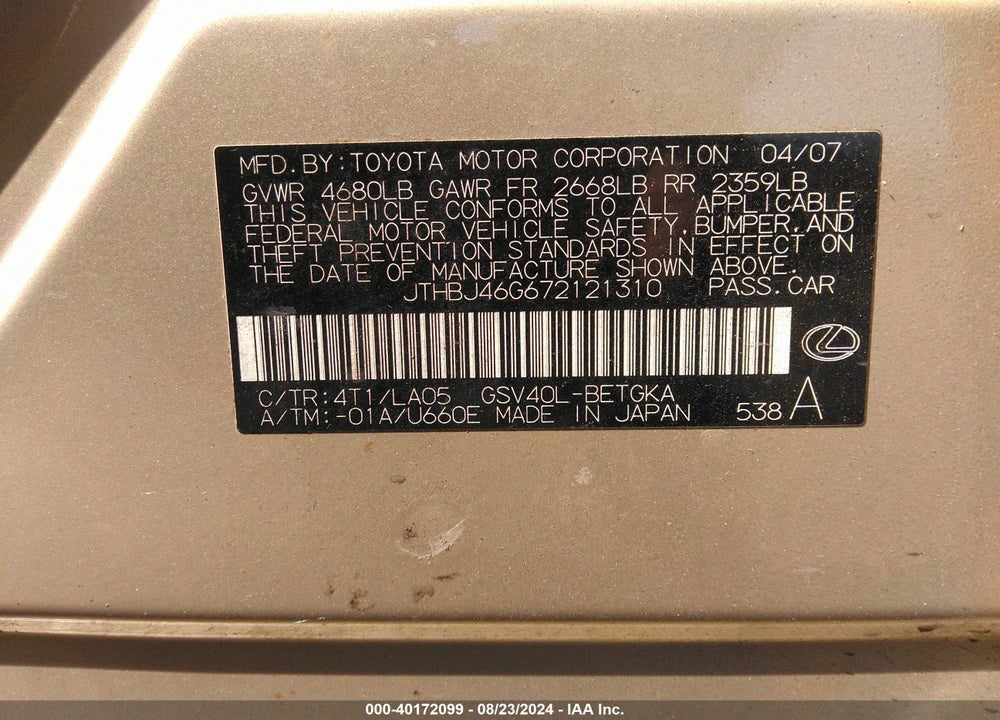2007 LEXUS ES 350 VIN: JTHBJ46G672121310