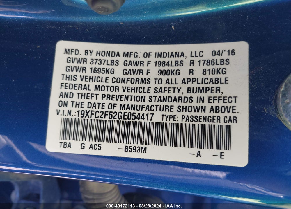 2016 HONDA CIVIC LX VIN: 19XFC2F52GE054417