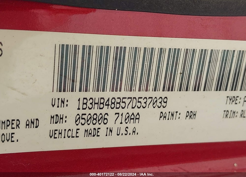 2007 DODGE CALIBER SXT VIN: 1B3HB48B57D537039