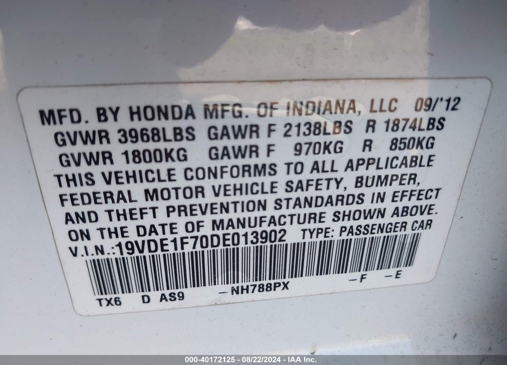 2013 ACURA ILX 2.0L VIN: 19VDE1F70DE013902
