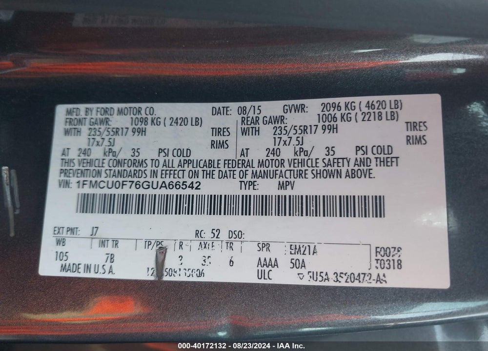 2016 FORD ESCAPE S VIN: 1FMCU0F76GUA66542