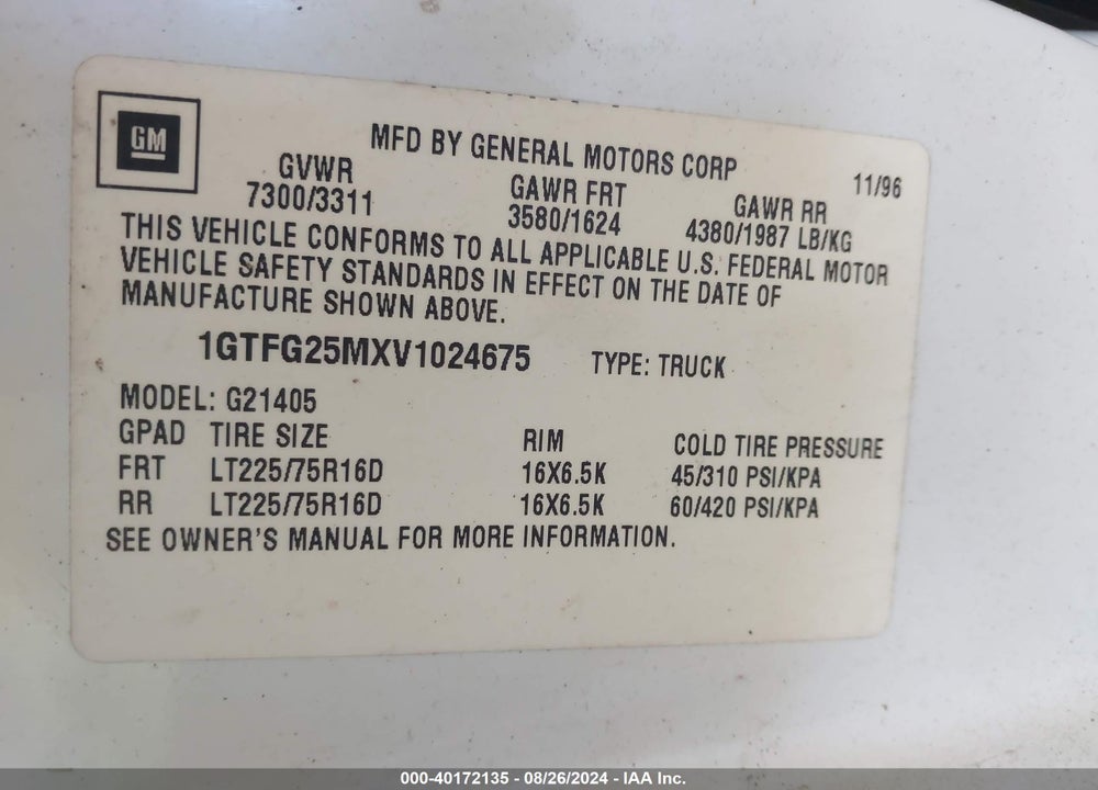 1997 GMC SAVANA STANDARD VIN: 1GTFG25MXV1024675