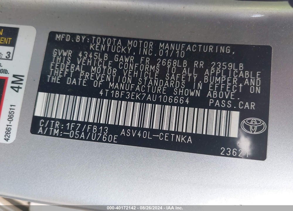 2010 TOYOTA CAMRY LE VIN: 4T1BF3EK7AU106664