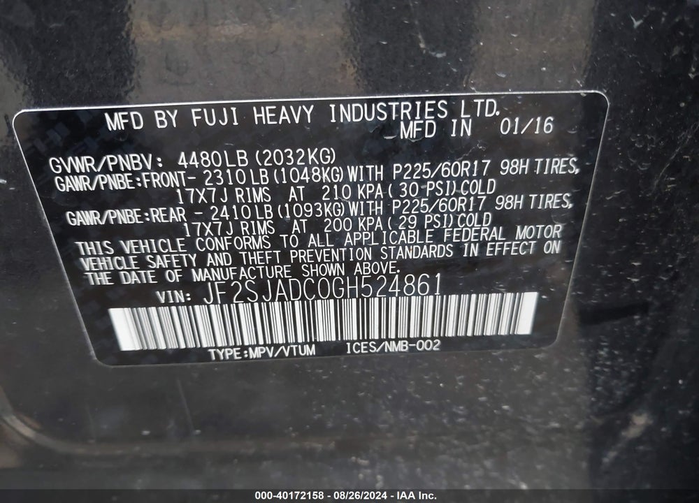 2016 SUBARU FORESTER 2.5I PREMIUM VIN: JF2SJADC0GH524861