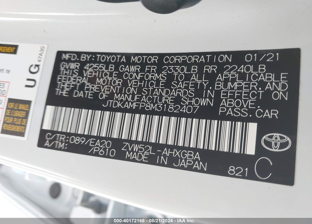 2021 TOYOTA PRIUS PRIME LIMITED VIN: JTDKAMFP8M3182407