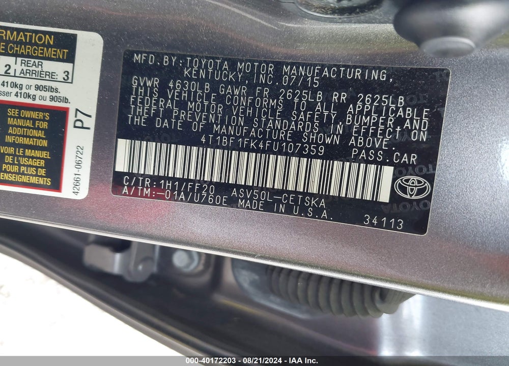 2015 TOYOTA CAMRY SE VIN: 4T1BF1FK4FU107359