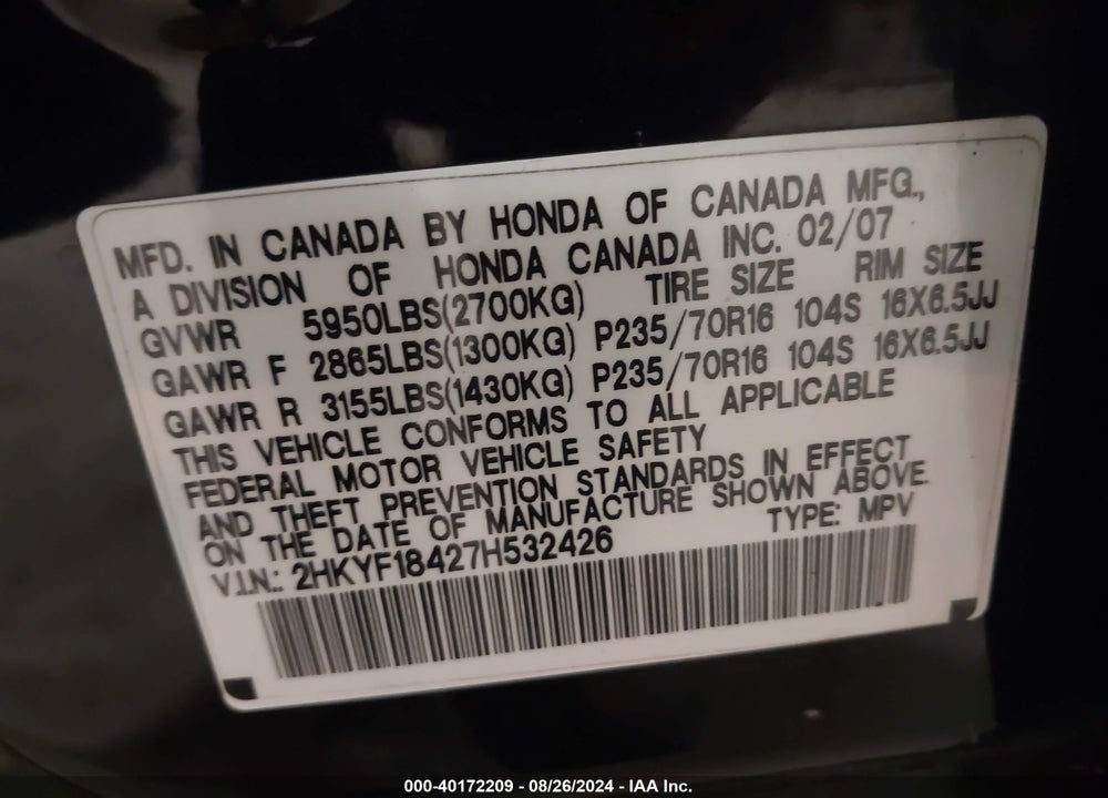 2007 HONDA PILOT EX VIN: 2HKYF18427H532426