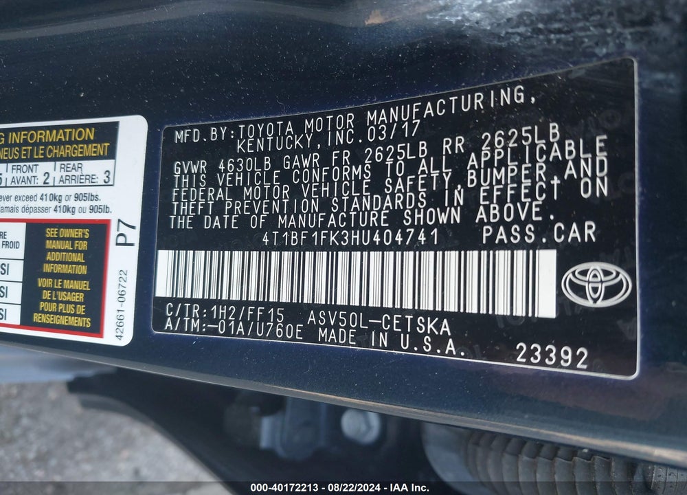 2017 TOYOTA CAMRY SE VIN: 4T1BF1FK3HU404741