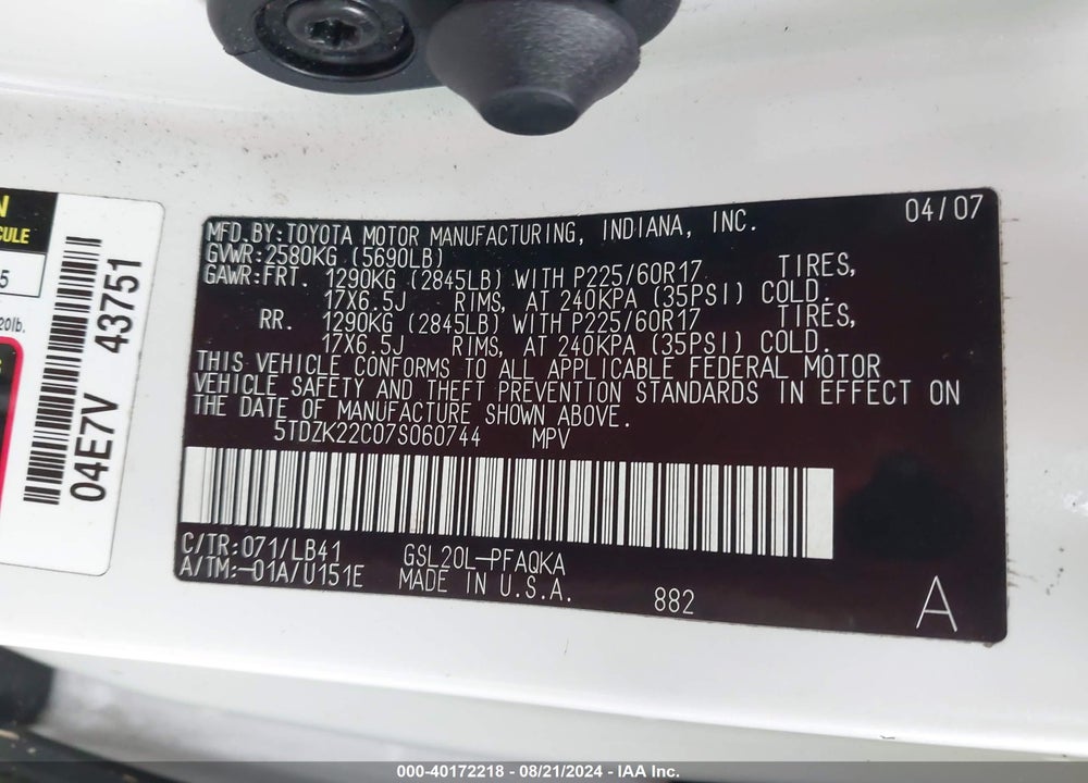 2007 TOYOTA SIENNA XLE VIN: 5TDZK22C07S060744
