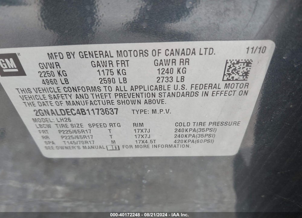 2011 CHEVROLET EQUINOX 1LT VIN: 2GNALDEC4B1173637