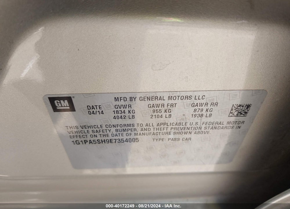 2014 CHEVROLET CRUZE LS AUTO VIN: 1G1PA5SH9E7354005