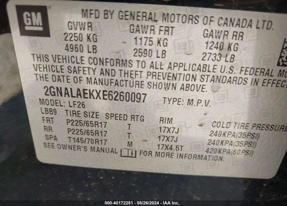 2014 CHEVROLET EQUINOX LS VIN: 2GNALAEKXE6260097