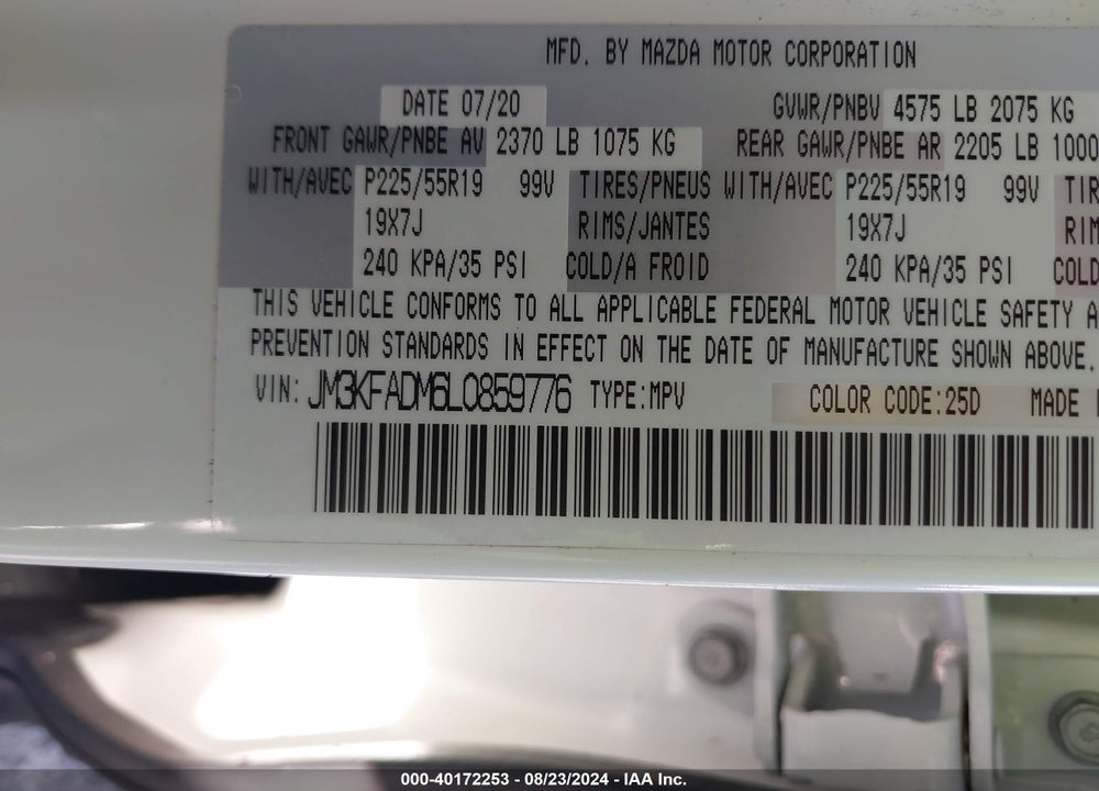2020 MAZDA CX-5 GRAND TOURING VIN: JM3KFADM6L0859776